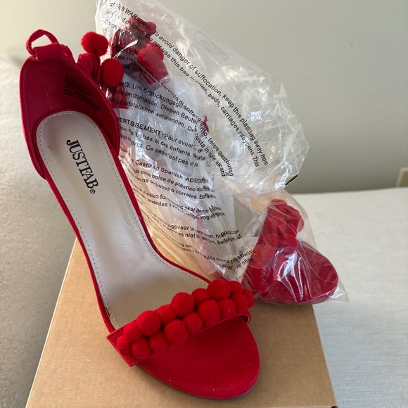 Red Pom Pom Lace-Up Stiletto Heels – Size 7.5 - Picture 5 of 7